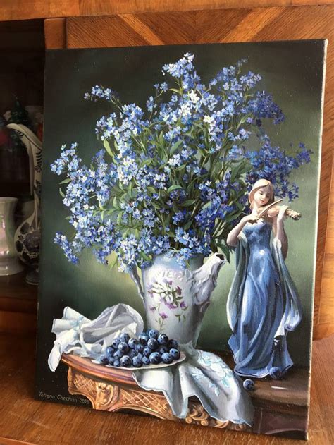 Forget Me Nots And A Girl With A Violin Painting By Tatjana Cechun Saatchi Art