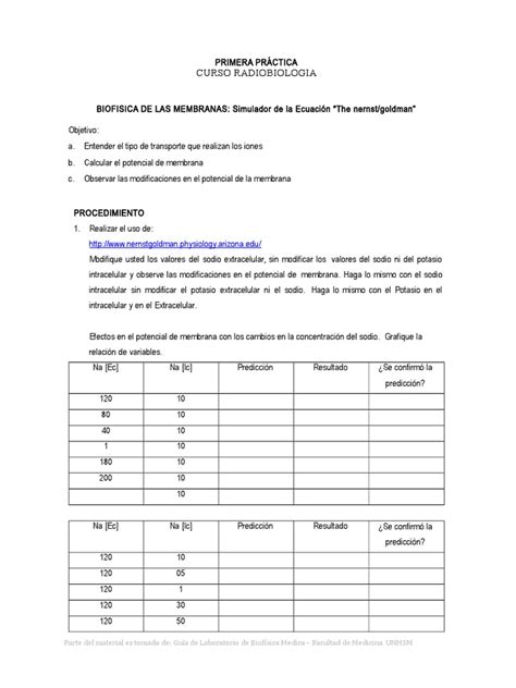 Biofisica De Las Membranas Simulador De La Ecuación “the Nernst Goldman” Pdf Potencial De