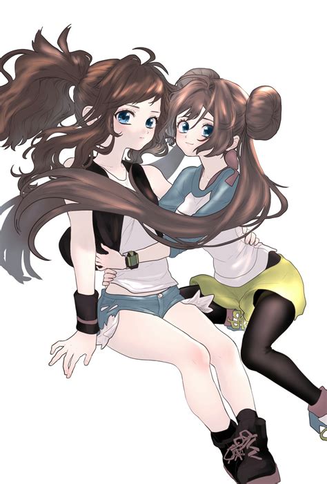 Hilda Pokémon long hair ponytail brunette two women anime anime girls Pokémon Rosa