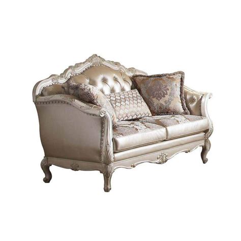 Benjara In Gold Solid Faux Leather Seater Loveseat With Queen