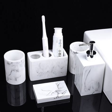 5 Pcs Bathroom Accessories Set Marble Look Bathroom Sets For Countertop