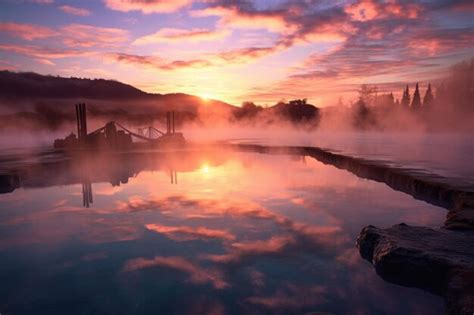Premium Ai Image Steamy Hot Spring Reflecting The Sky At Sunrise