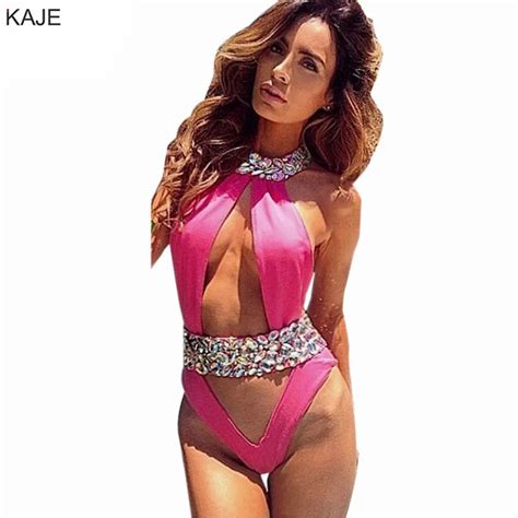 Sexy Deep V Neck One Piece Swimsuit Crystal Bodysuit Women Swimwear