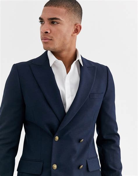 Asos Design Skinny Double Breasted Blazer With Gold Button In Navy