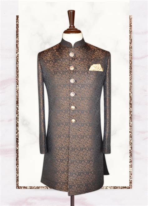 Glamorous Gold Black Textured Sherwani Shameel Khan Sherwani Blue