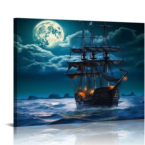 Nawypu Blue Boat On Seascape And Moon In The Sky Wall Art Painting