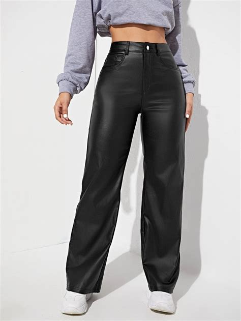 High Waist Straight Leg Leather Look Jeans SHEIN USA