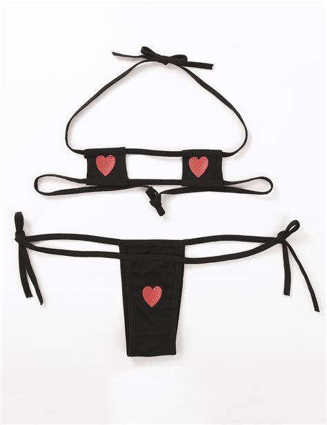 Womens Summer Striped Heart Embroidered Cute Kawaii Anime Cosplay Mini Bikini Lingerie Set Self