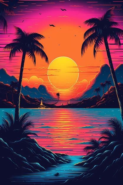 Premium AI Image Sunset On Tropical Beach With Palm Tree Generated Ai