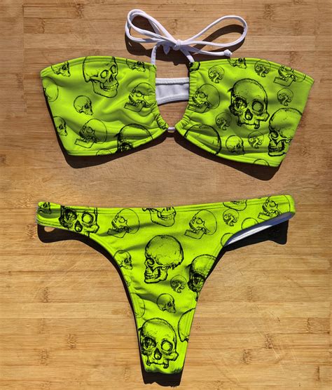 Swimwear Bandeau Halter Tie Bikini Set Electric Skulls Thong Brazil Full Coverage String Top