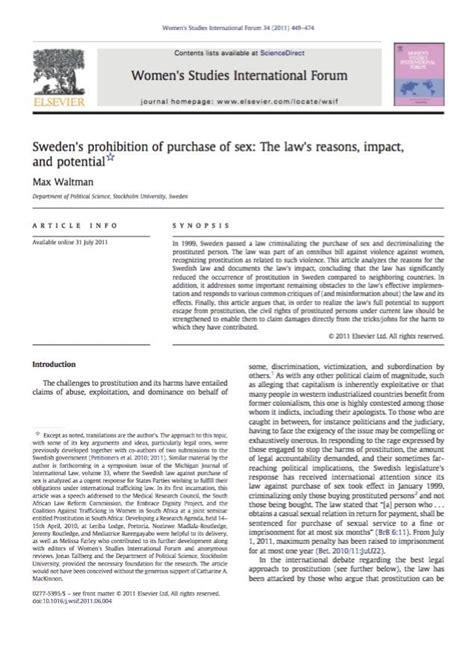 Sweden S Prohibition Of Purchase Of Sex The Law S Reasons Impact And Potential Human