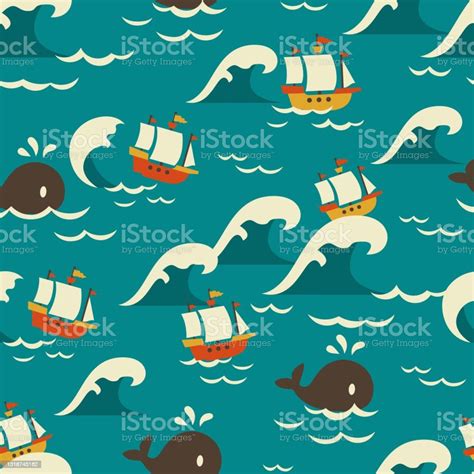 Sail Through The Raging Sea Vector Graphic Seamless Pattern Stock