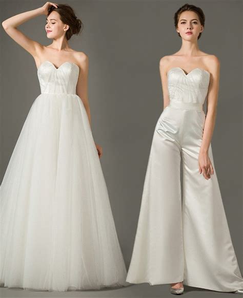 Unique Sweetheart Satin Tulle Two In One Wedding Jumpsuit Dress Detachable Skirt