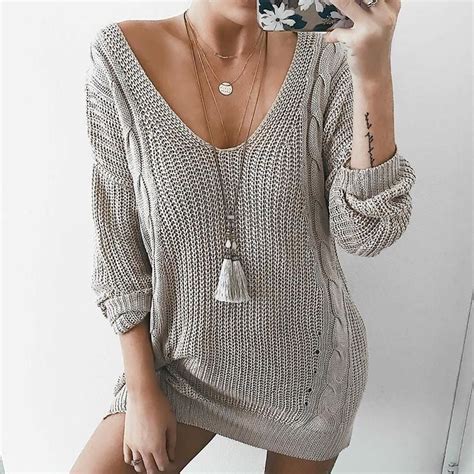 V Neck Cable Knit Loose Women Pullover Oversized Sweater Dress