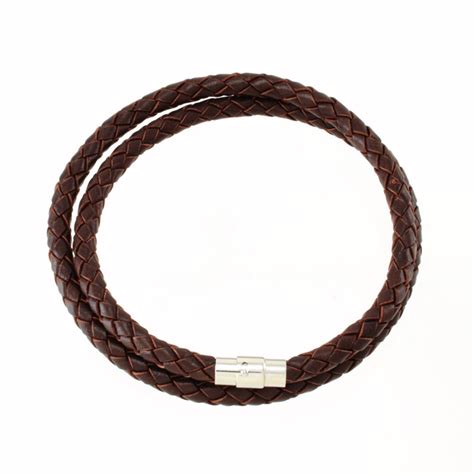 6Mm Brown Briaded Bolo Leather Cord Necklace Silver Toned Magnetic