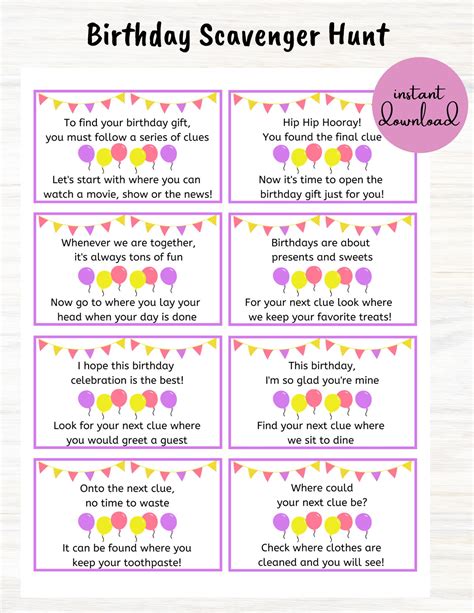 Birthday Scavenger Hunt Clues Printable