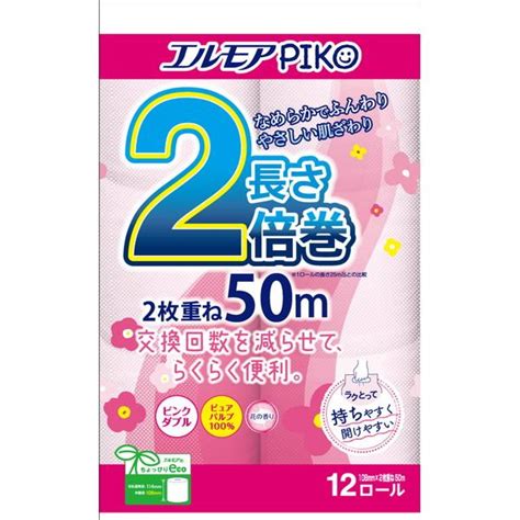 【送料無料・まとめ買い×6個セット】カミ商事 エルモアピコ 2倍巻 ダブル ピンク 50m 12ロール 101 X006