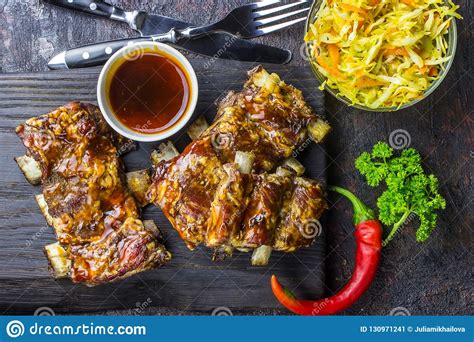 Smoked Roasted Pork Ribs Over Black Background Stock Image Image Of