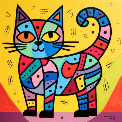 Premium Photo | Colorful Cat Painting On Yellow Background In The Style ...