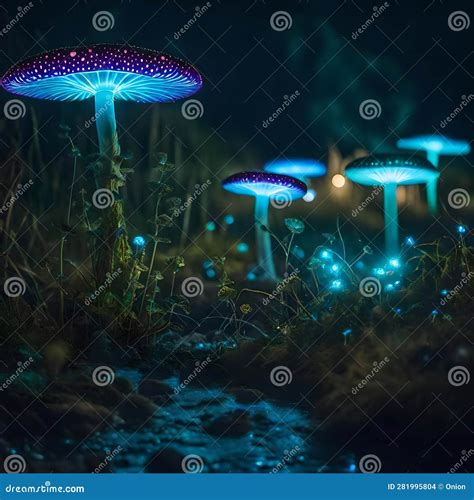 Glowing Mushrooms In The Forest Ai Generated Image Stock Illustration