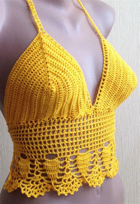 Crochet Halter Top Yellow Open Back Crop Top Boho Beachwear Summer