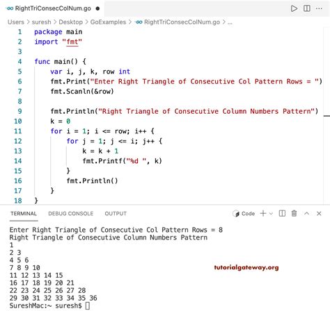 Go Program To Print Right Triangle Of Consecutive Column Numbers