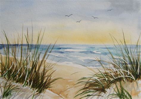 Am Strand 21 x 15 cm Original Aquarell Meer Dünen in Antiquitäten