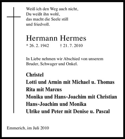 Traueranzeigen Von Hermann Hermes Trauer In Nrw De