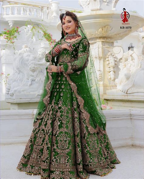 Green Color Heavy Velvet With Beautiful Embroidery Work Bridal Lehenga