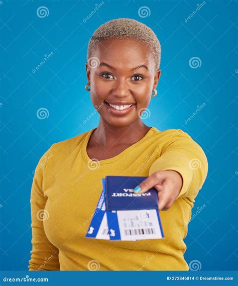 Giving Travel Passport And Portrait Of Black Woman In Studio With