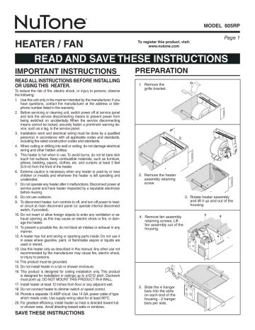 NuTone HEAT-A-VENT 605RP Instructions Manual | Manualzz