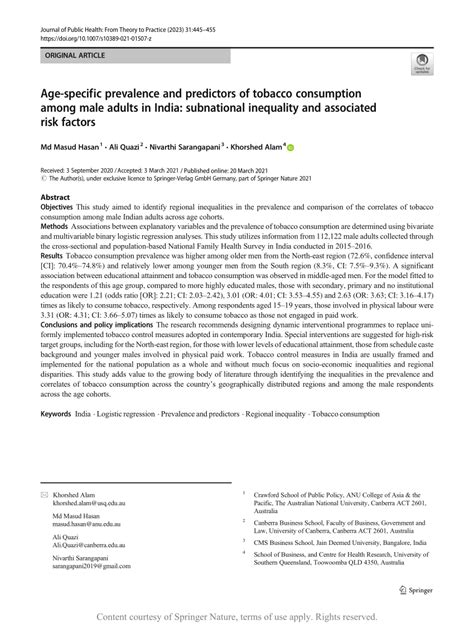 Age Specific Prevalence And Predictors Of Tobacco Consumption Among