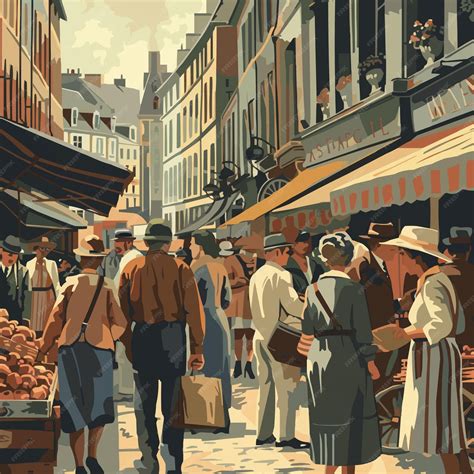 Nostalgic depiction of an oldfashioned market street scene bustling