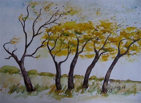 Aquarell Herbstaquarell Herbst Sturm Baum B Ume Ocker Braun