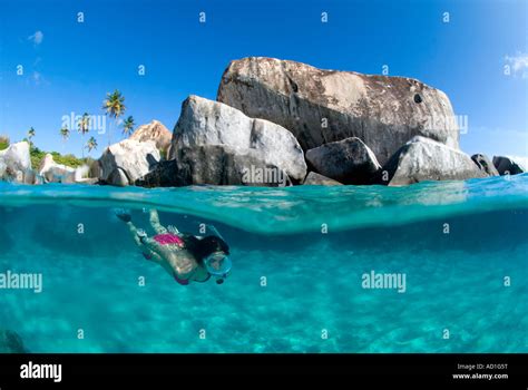 Snorkeler at Baths beach, Virgin Gorda, BVI, British Virgin Islands ...