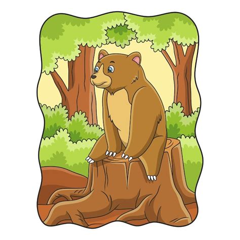 Karikaturillustration Der B R Sitzt Und Schaut Auf Den Wald Ber Dem