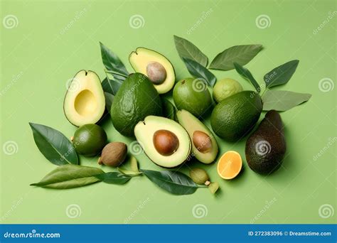 Modelo De Abacado Fresco Maduro Folhas Verdes Sobre Fundo Verde