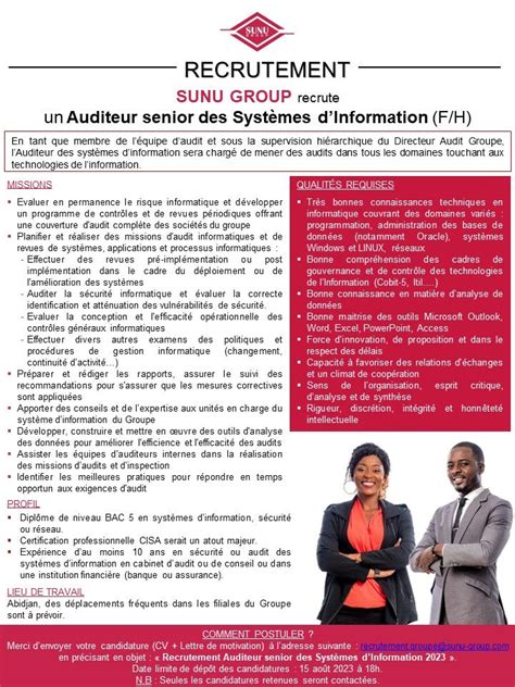 Le Groupe Sunu Recrute Un Auditeur Senior Des Syst Mes D Information H