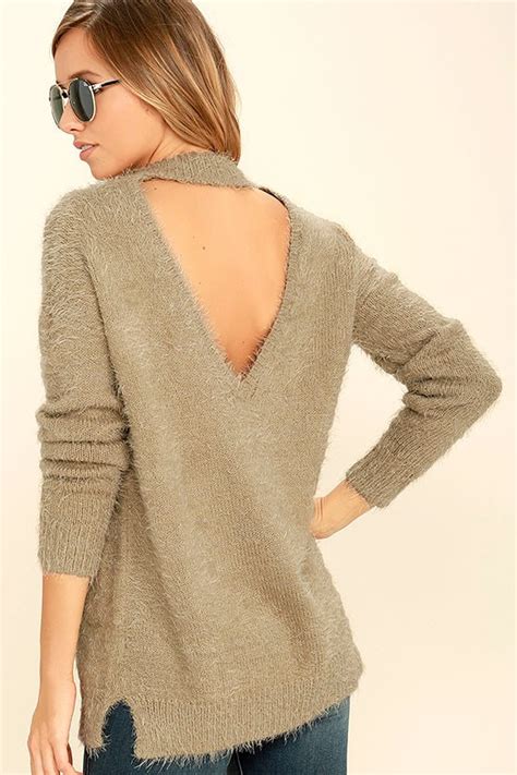 Cozy Light Brown Sweater Backless Sweater Eyelash Knit Sweater