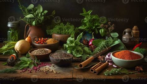 Fresh herbs and spices add healthy flavor to rustic cooking generated ...