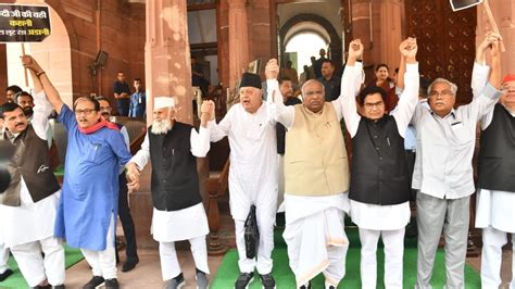 Adani Hindenburg Row Opposition Leaders Form Human Chain In Parliament