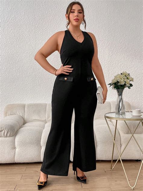 SHEIN Privé Plus Button Detail Flare Leg Halter Jumpsuit SHEIN USA