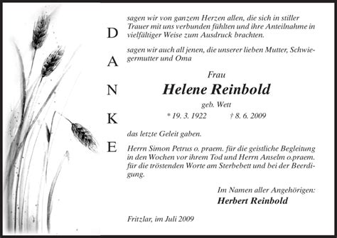 Traueranzeigen Von Helene Reinbold Trauer Hna De