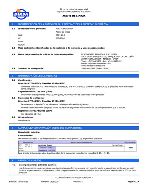 Ficha De Datos De Seguridad De Aceite De Linaza