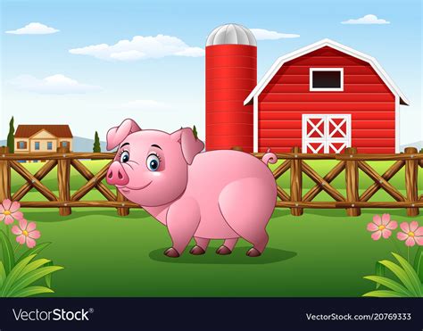 Cartoon pig in the farm background Royalty Free Vector Image