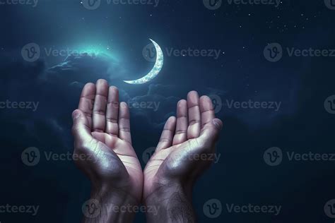 Ai Generated Moslem Hand Open And Praying For Dua Under The Crescent