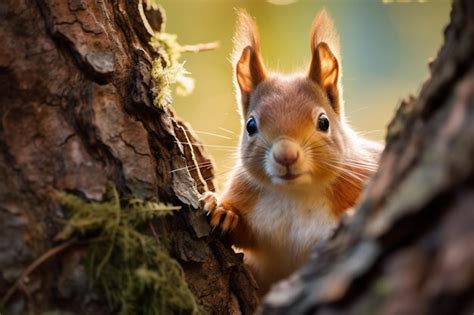 Das neugierige eichhörnchen durchläuft hinter einem baum eine