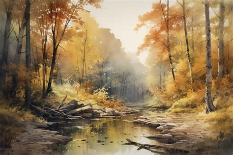 Paint A Watercolor Landscape Of A Forest With A Winding Stream Or River