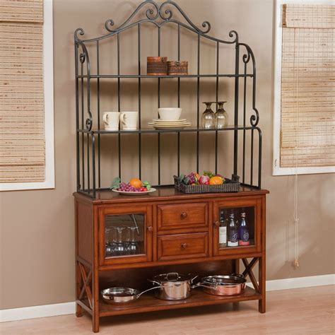 Wrought Iron Top 47 Inch Bakers Rack In Heritage Oak Wood Finish