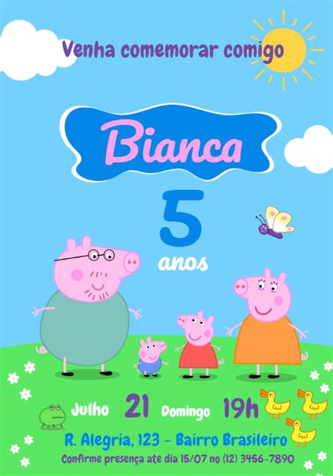 Convite aniversário Pepa peppa pig Edite grátis nosso editor online